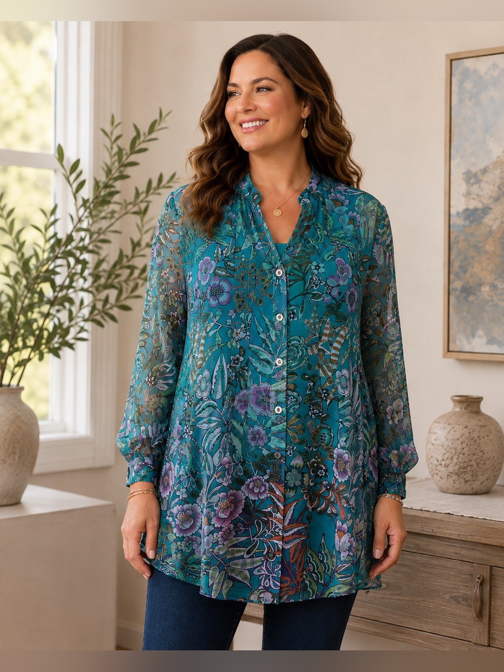Soft Surroundings 2 Piece Floral Tunic Top & Tank Set Teal Sheer Layered XL